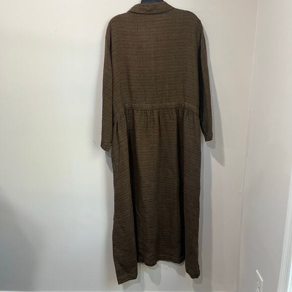 Flax 100% Linen Brown Button Front Collared Midi Shirt Dress Size L Lagenlook - Picture 2 of 8